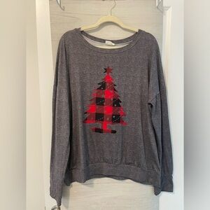 Blumin Apparel Gray Sweatshirt with Red and Black plaid Christmas tree